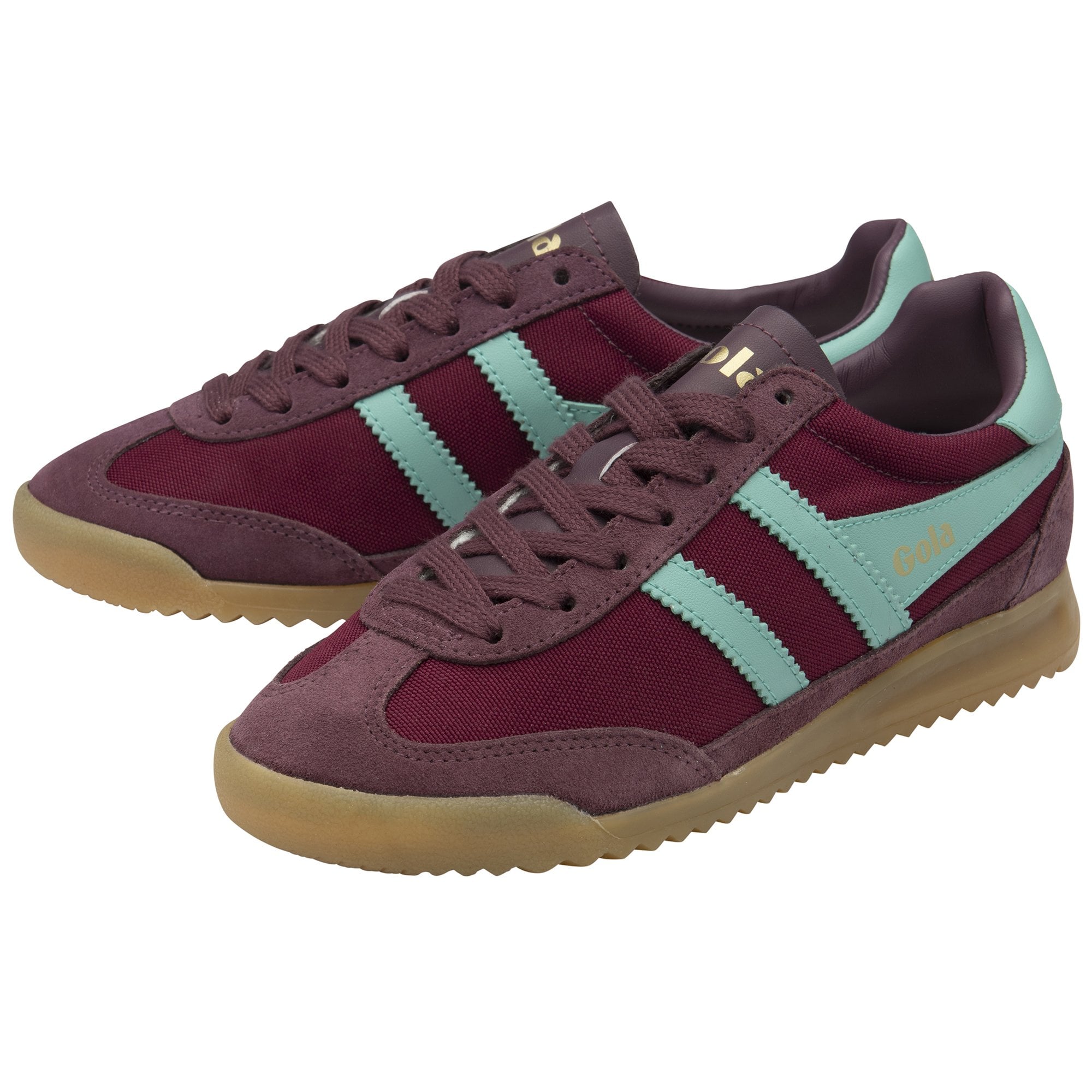 Pair of Gola Super Harrier trainers in burgundy with light blue stripes, angled forward.