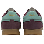 Rear view of a pair of Gola Super Harrier trainers, burgundy with light blue accents.