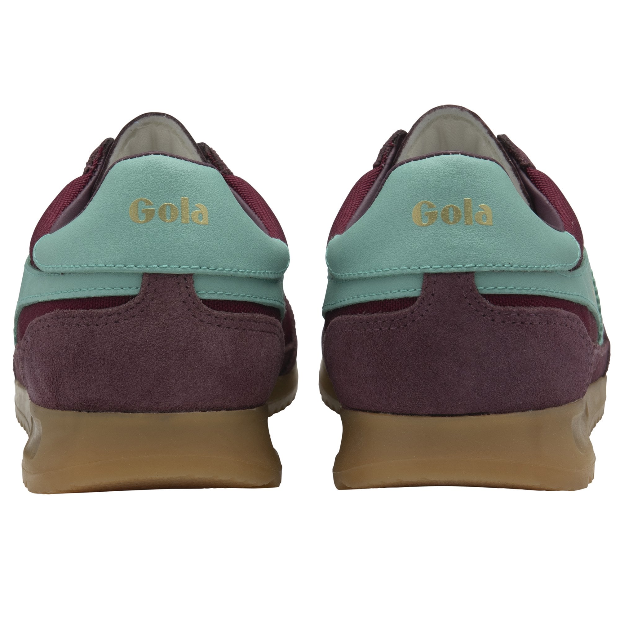 Rear view of a pair of Gola Super Harrier trainers, burgundy with light blue accents.