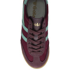 Top-down view of a Gola Super Harrier trainer in burgundy with light blue stripes.