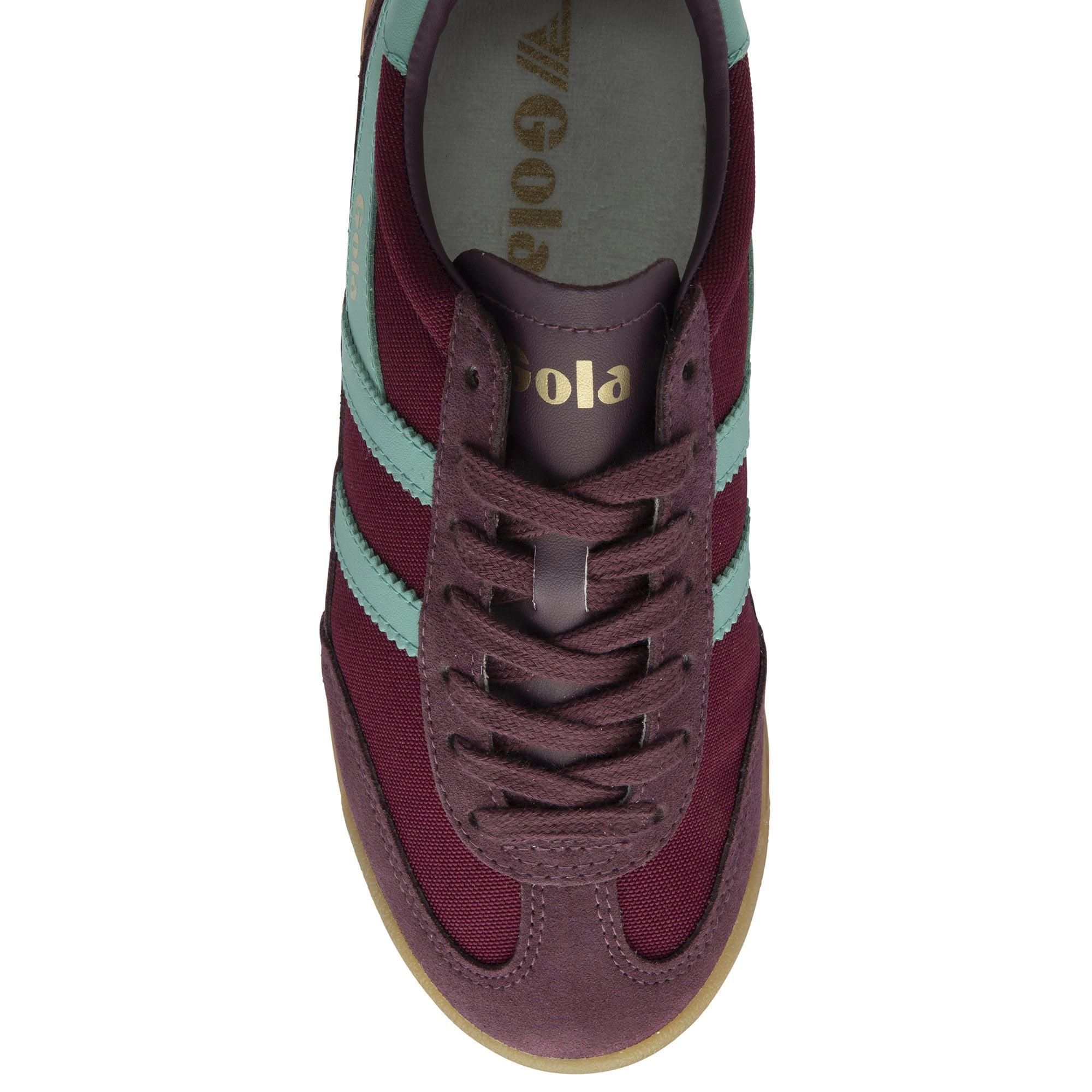 Top-down view of a Gola Super Harrier trainer in burgundy with light blue stripes.