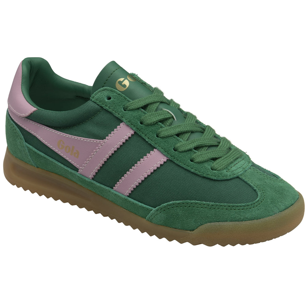 A single green and pink Gola trainer, viewed from the left side, on a white background.