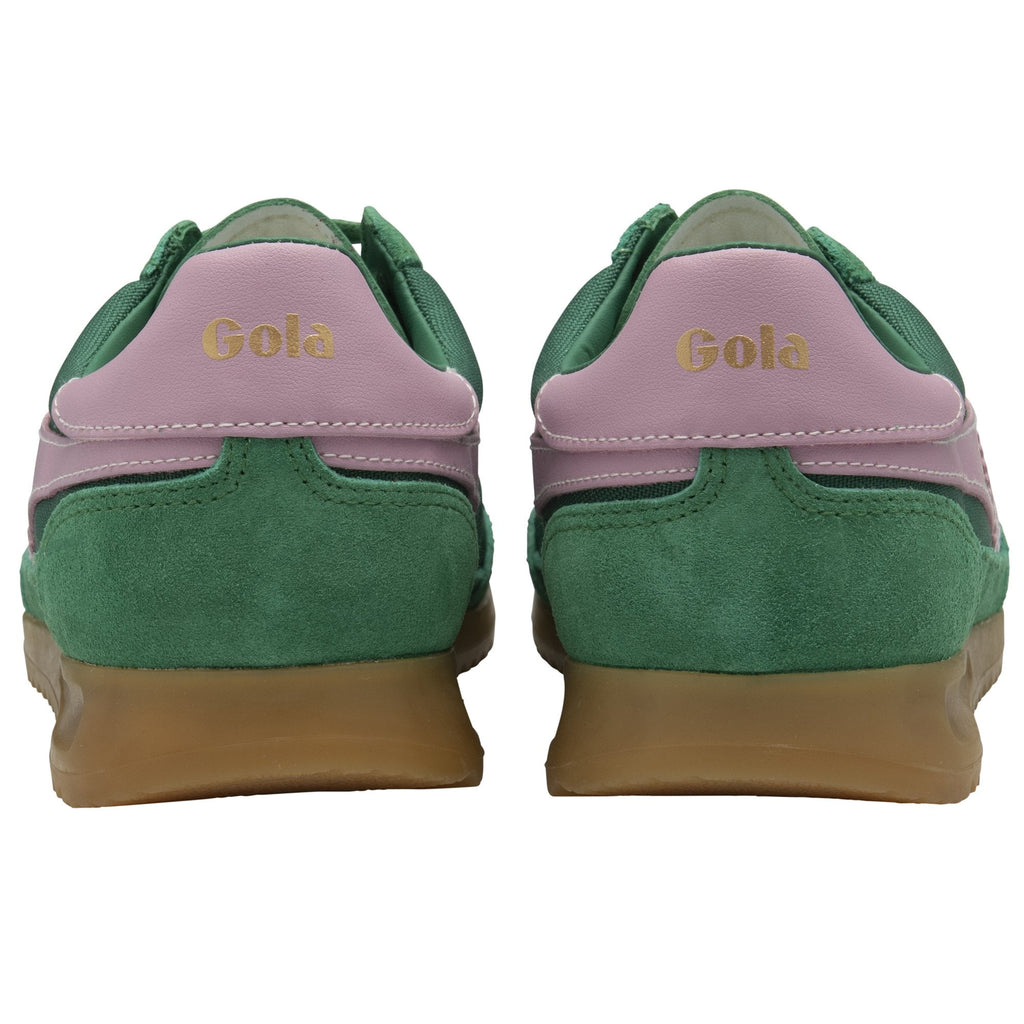 A pair of green and pink Gola trainers, showing the heel, on a white background.