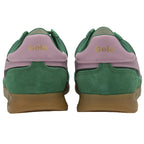 A pair of green and pink Gola trainers, showing the heel, on a white background.