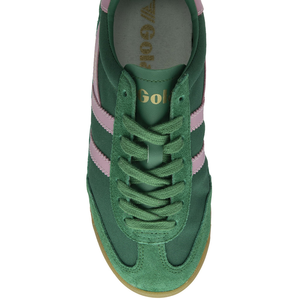A single green and pink Gola trainer, viewed from the top, on a white background.