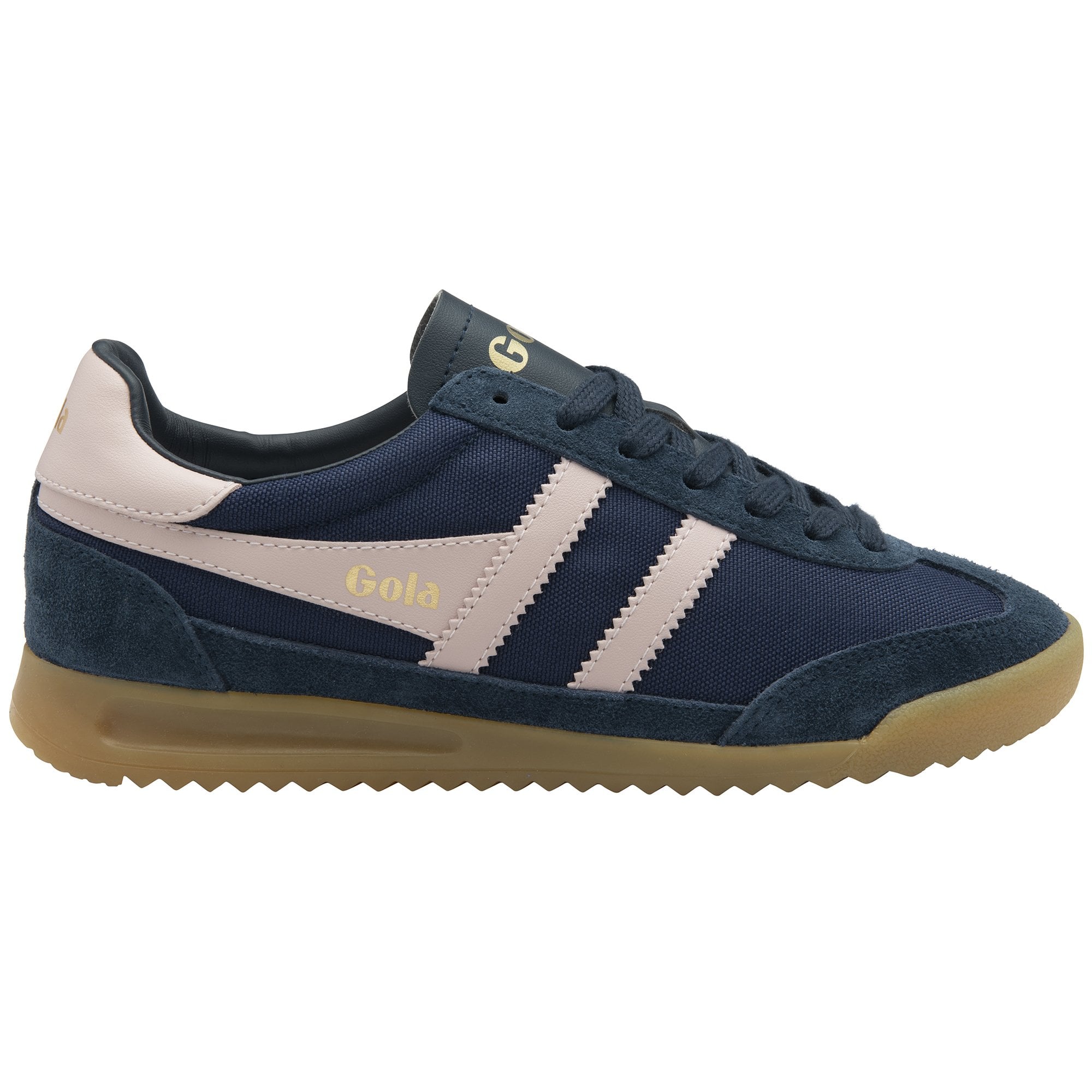 A single dark blue and pink Gola men's trainer with a tan sole and white background.