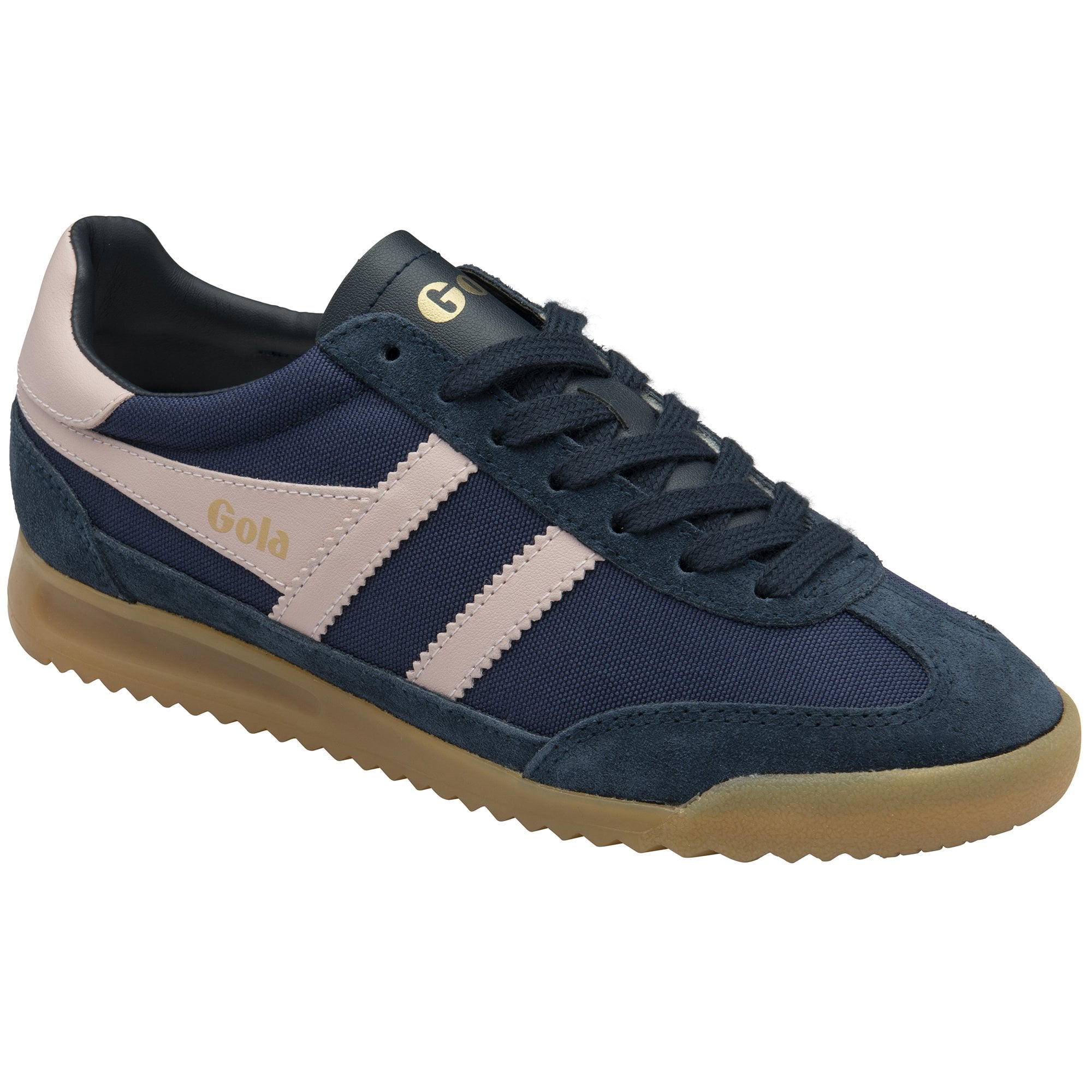 A single dark blue and pink Gola men's trainer with a tan sole and white background.