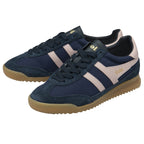 Two dark blue and pink Gola men's trainers with tan soles and a white background.