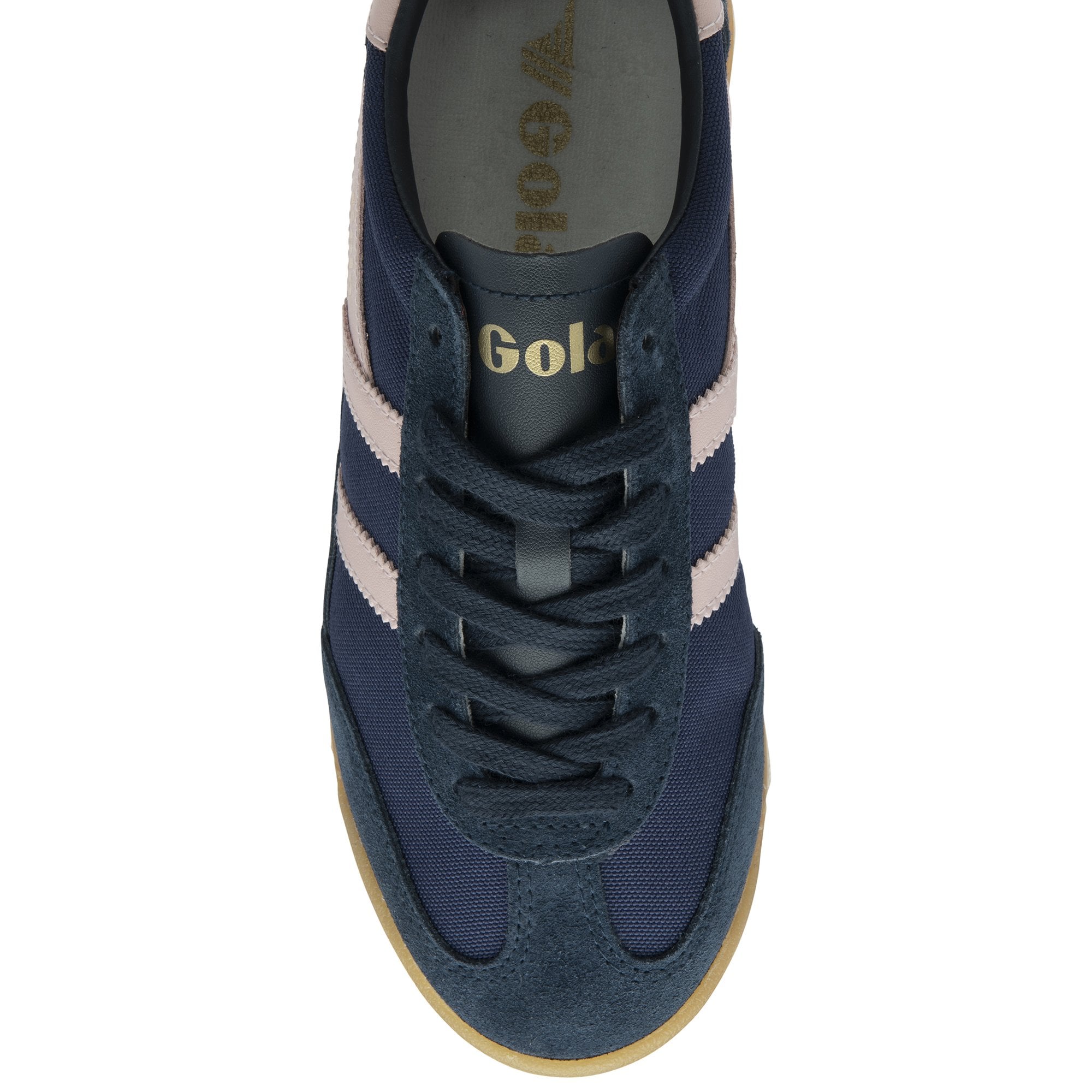 A top-down view of a dark blue and pink Gola men's trainer with a tan sole.