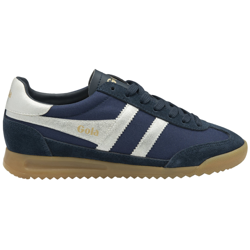 A single Gola Harrier trainer in navy with white stripes and a gum sole.