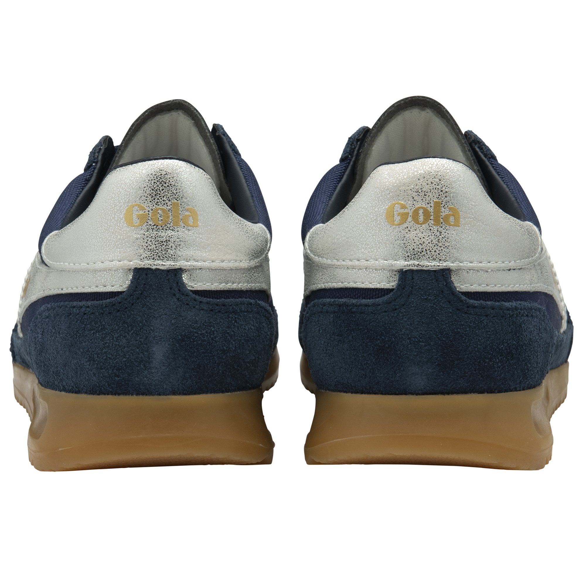 The rear view of a pair of Gola Harrier trainers in navy with white stripes and gum soles.