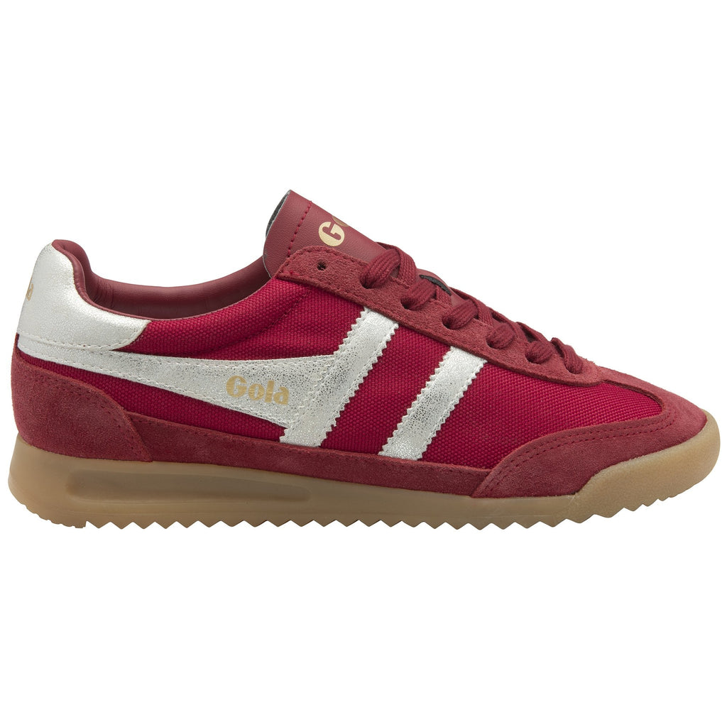 A single red and white Gola trainer with a tan sole shown from the side.