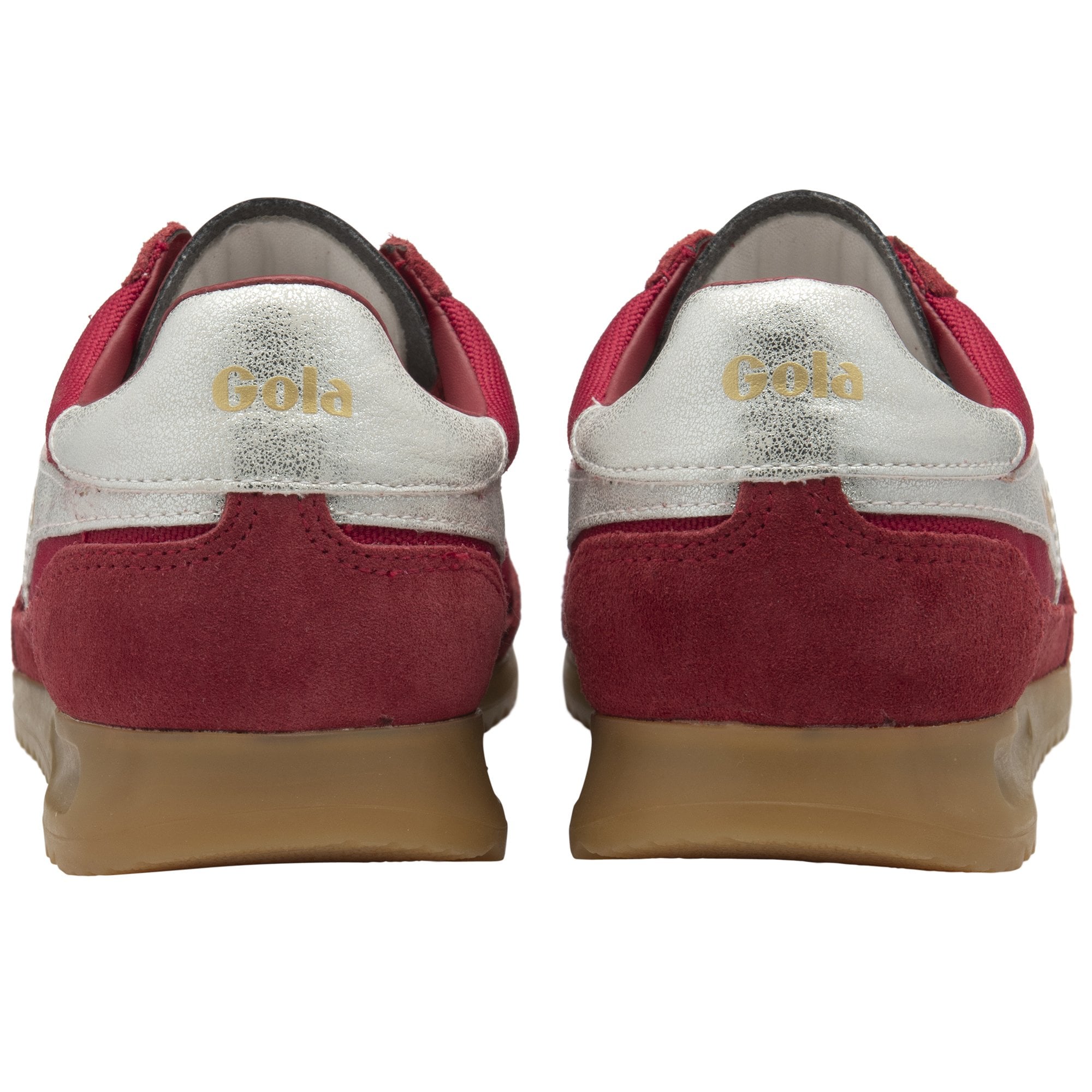 A pair of red and white Gola trainers with tan soles, viewed from the back.