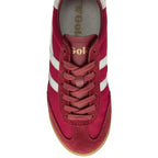 A single red and white Gola trainer with a tan sole, viewed from directly above.