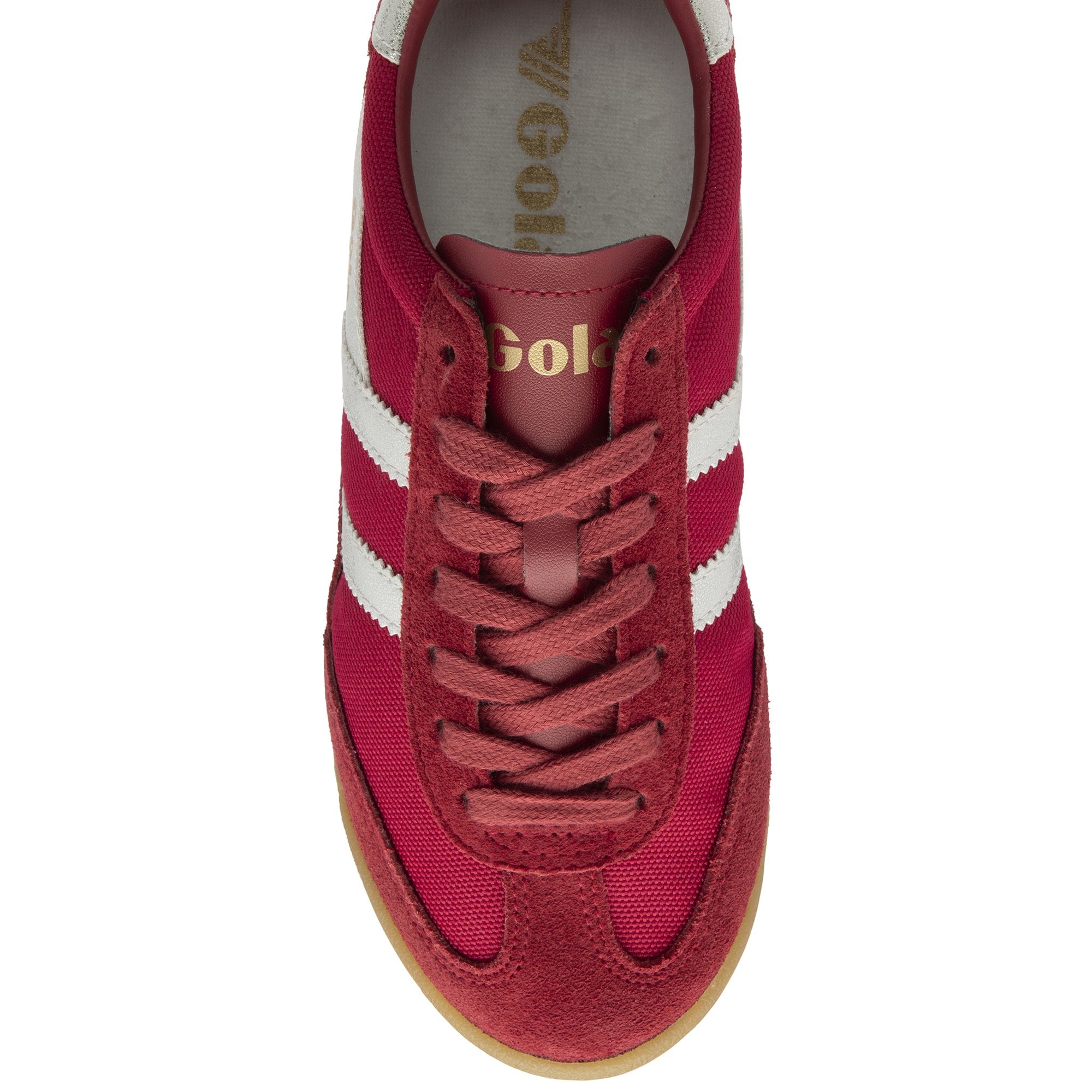 A single red and white Gola trainer with a tan sole, viewed from directly above.