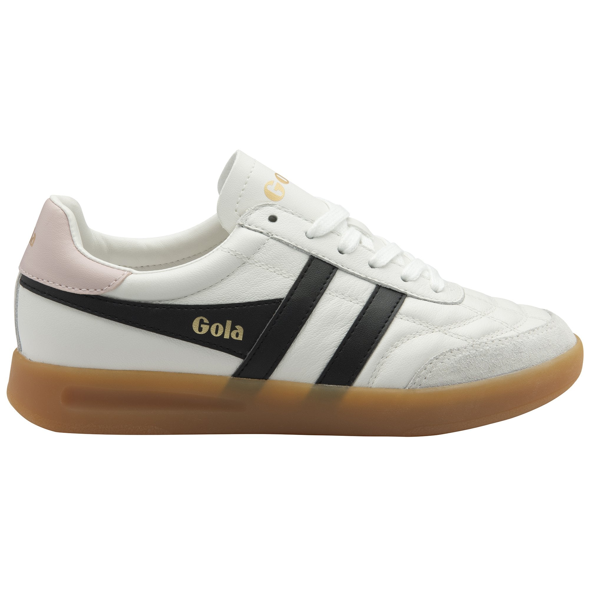 Side view of a white Gola sneaker with black stripes and a gum sole.