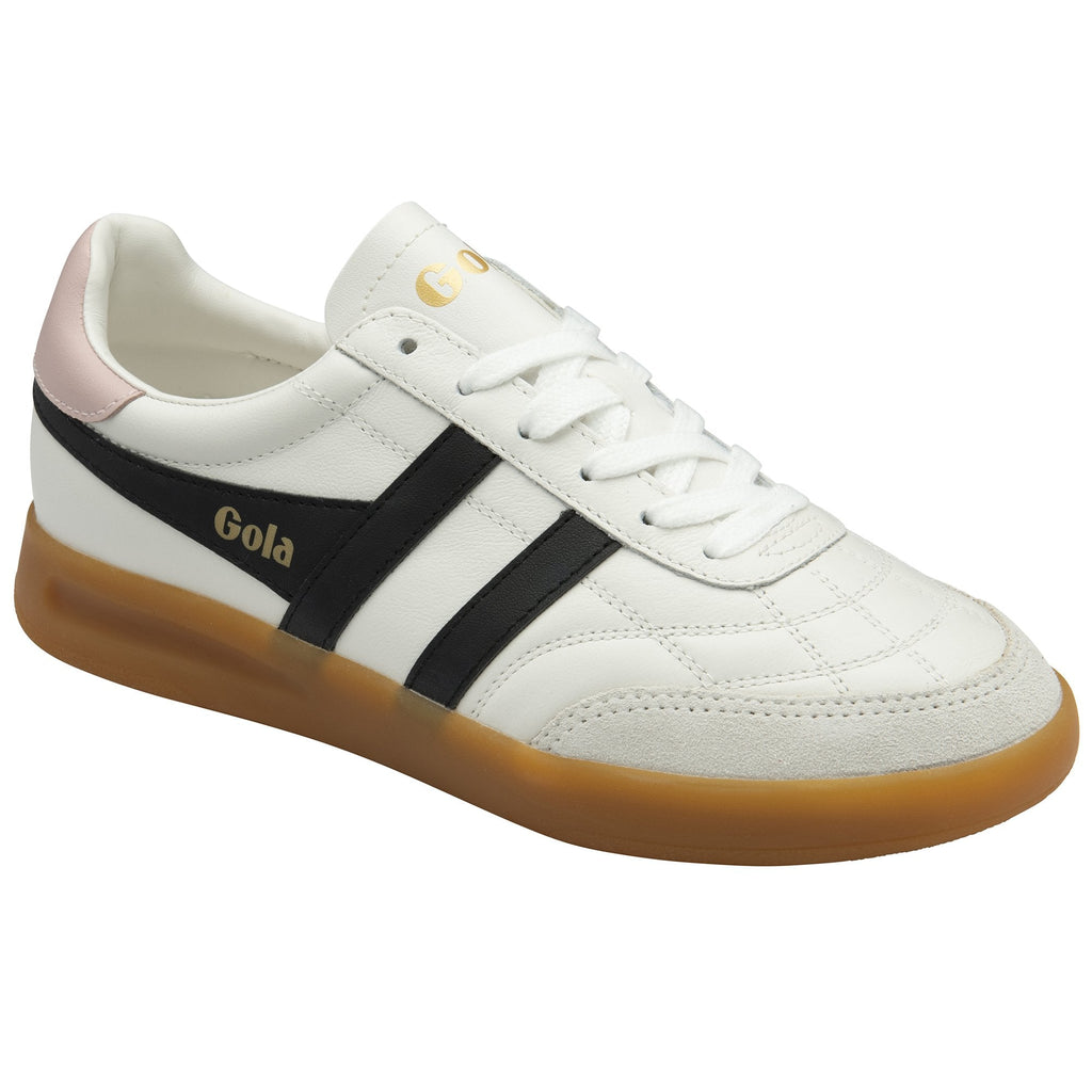 Angled view of a white Gola sneaker with black stripes and a gum sole.