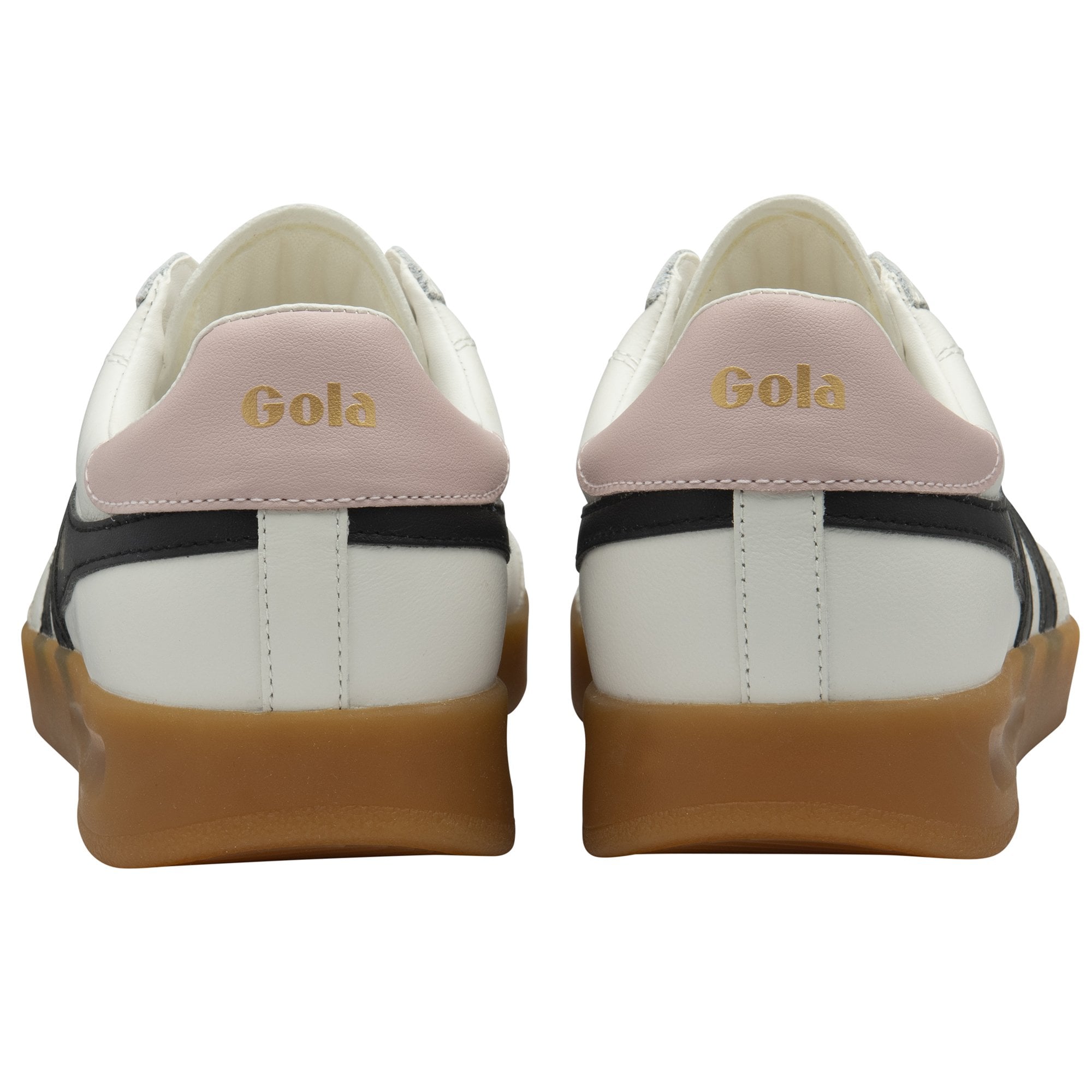 Back view of a pair of white Gola sneakers with pink accents and gum soles.