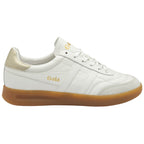 A single white and gold Gola sneaker with a gum sole, facing left.