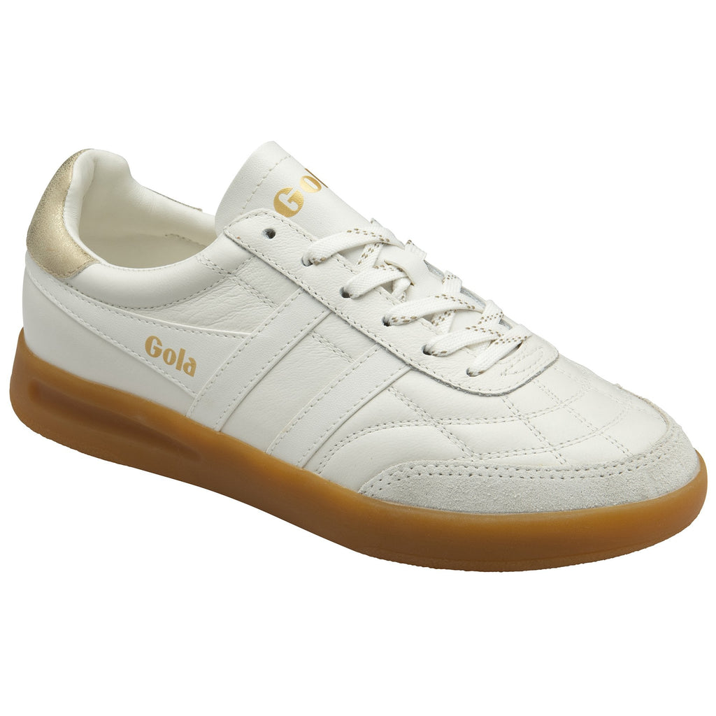 A single white and gold Gola sneaker with a gum sole, facing right.