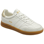 A single white and gold Gola sneaker with a gum sole, facing right.