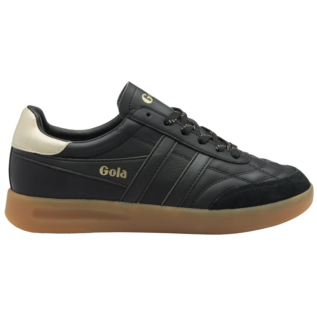 A single black Gola sneaker with gold accents and a gum sole, viewed from the side.