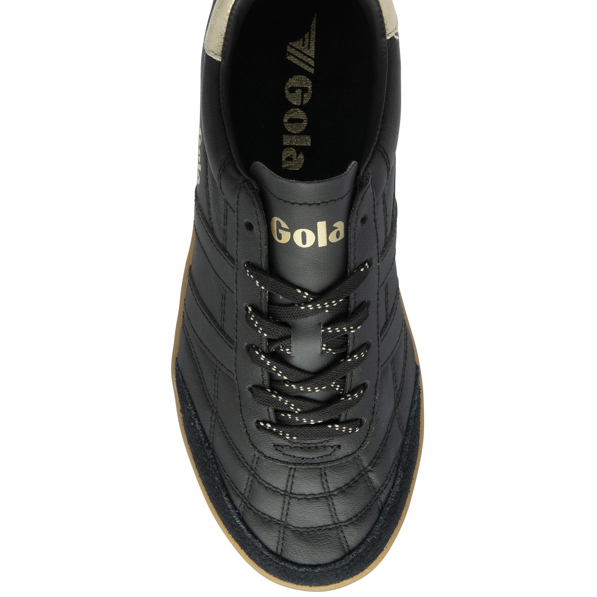 A top-down view of a black Gola sneaker, showing the laces and gold branding on the tongue.