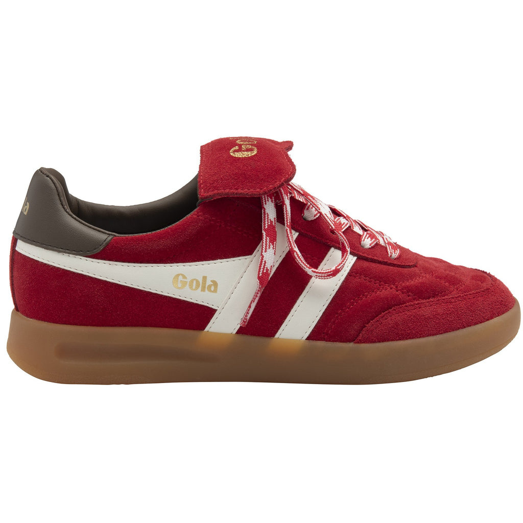 A single red Gola sneaker with white stripes and brown sole, viewed from the side.