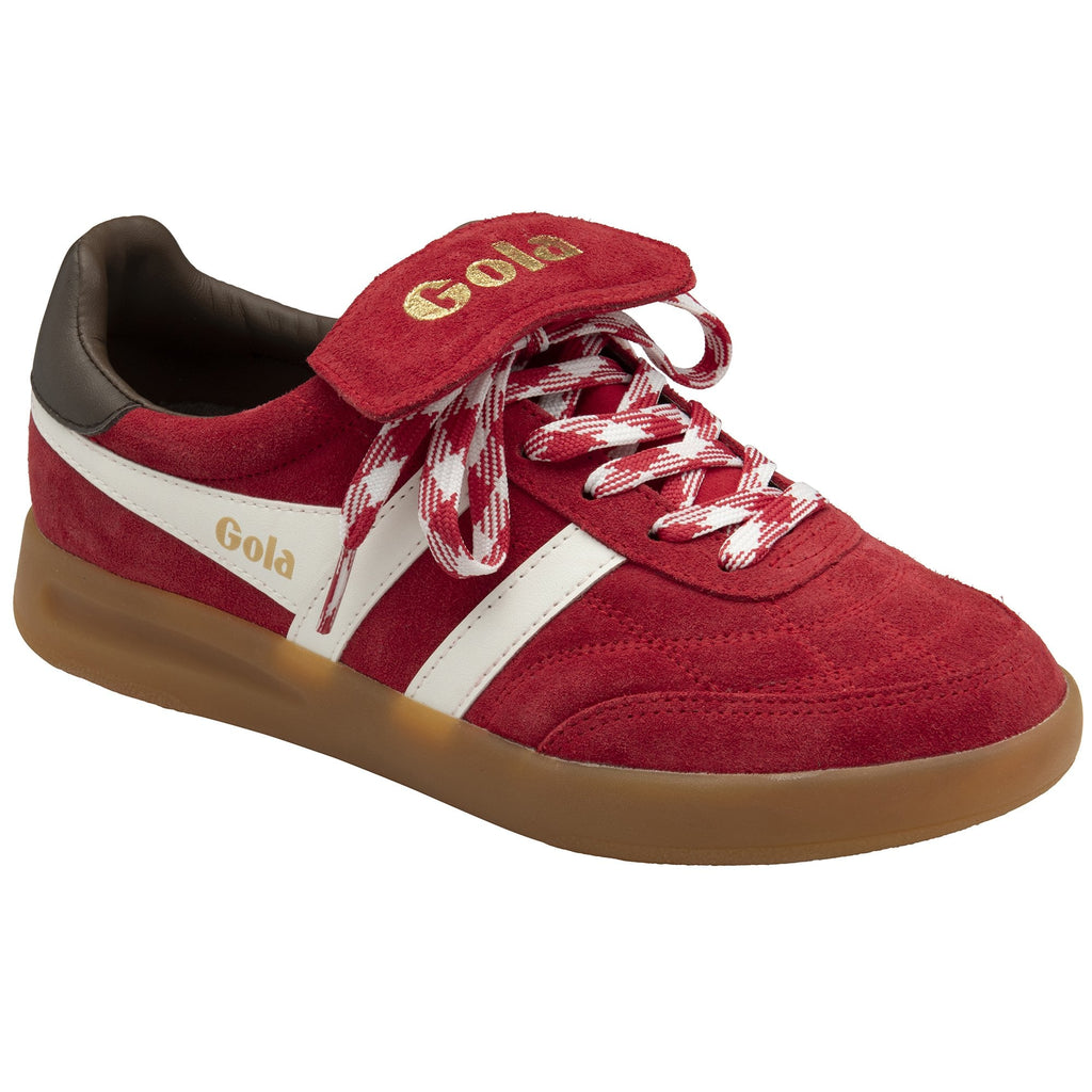 A single red Gola sneaker with white stripes and brown sole, angled to the front.