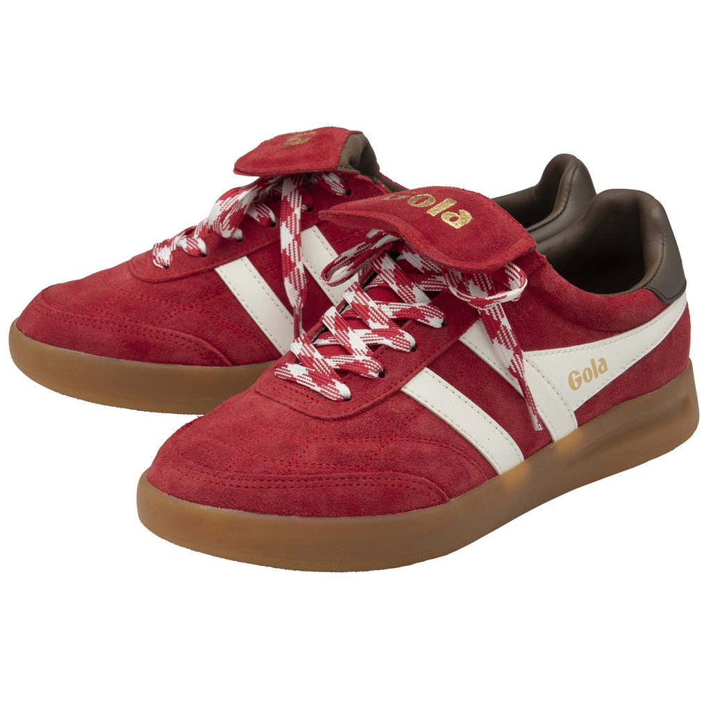 A pair of red Gola sneakers with white stripes and brown soles, angled to the front.