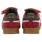 A pair of red Gola sneakers with white stripes and brown soles, viewed from behind.