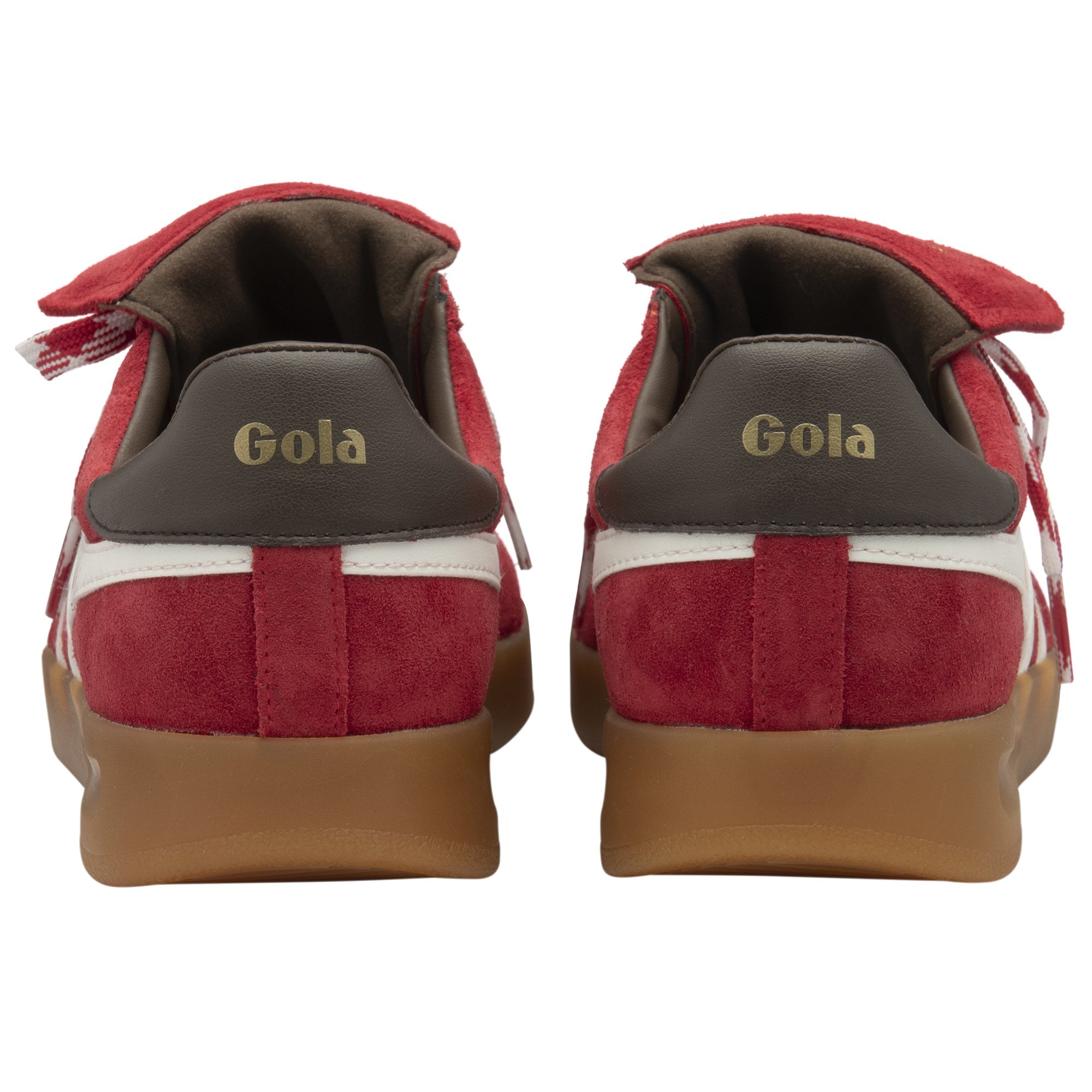 A pair of red Gola sneakers with white stripes and brown soles, viewed from behind.
