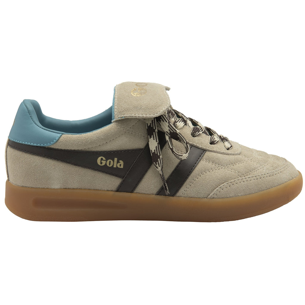 A single beige Gola sneaker with black stripes and a blue heel accent, side view.