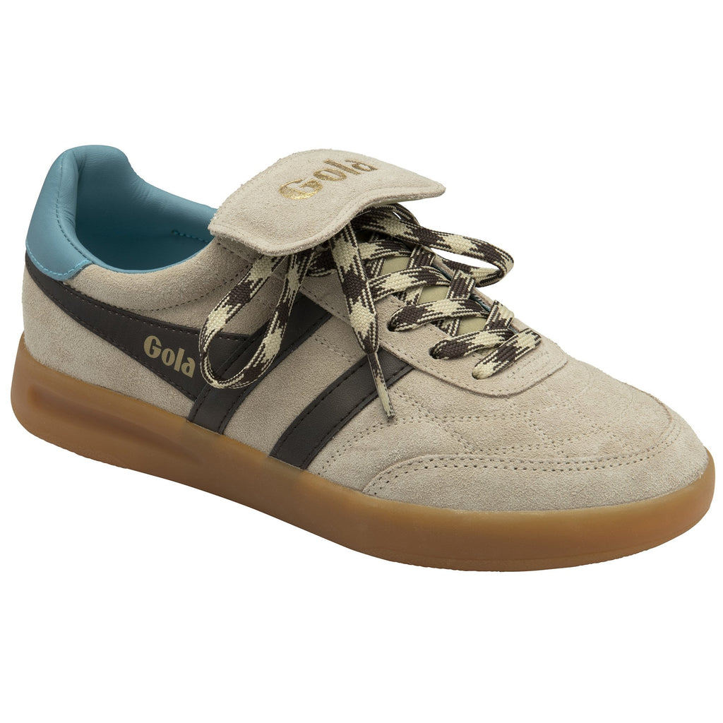 A single beige Gola sneaker with black stripes and a blue heel accent, angled view.