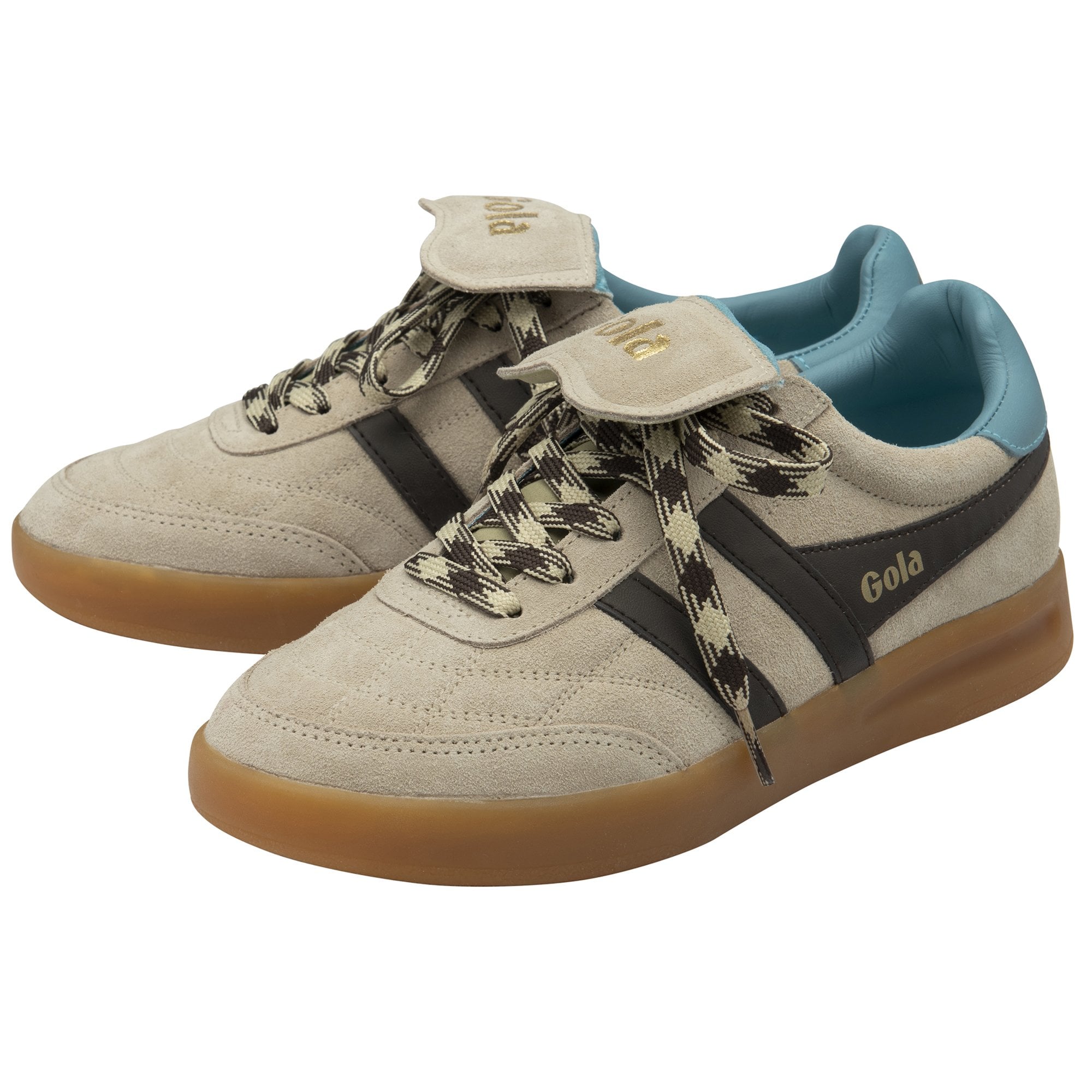 A pair of beige Gola sneakers with black stripes and blue heel accents.