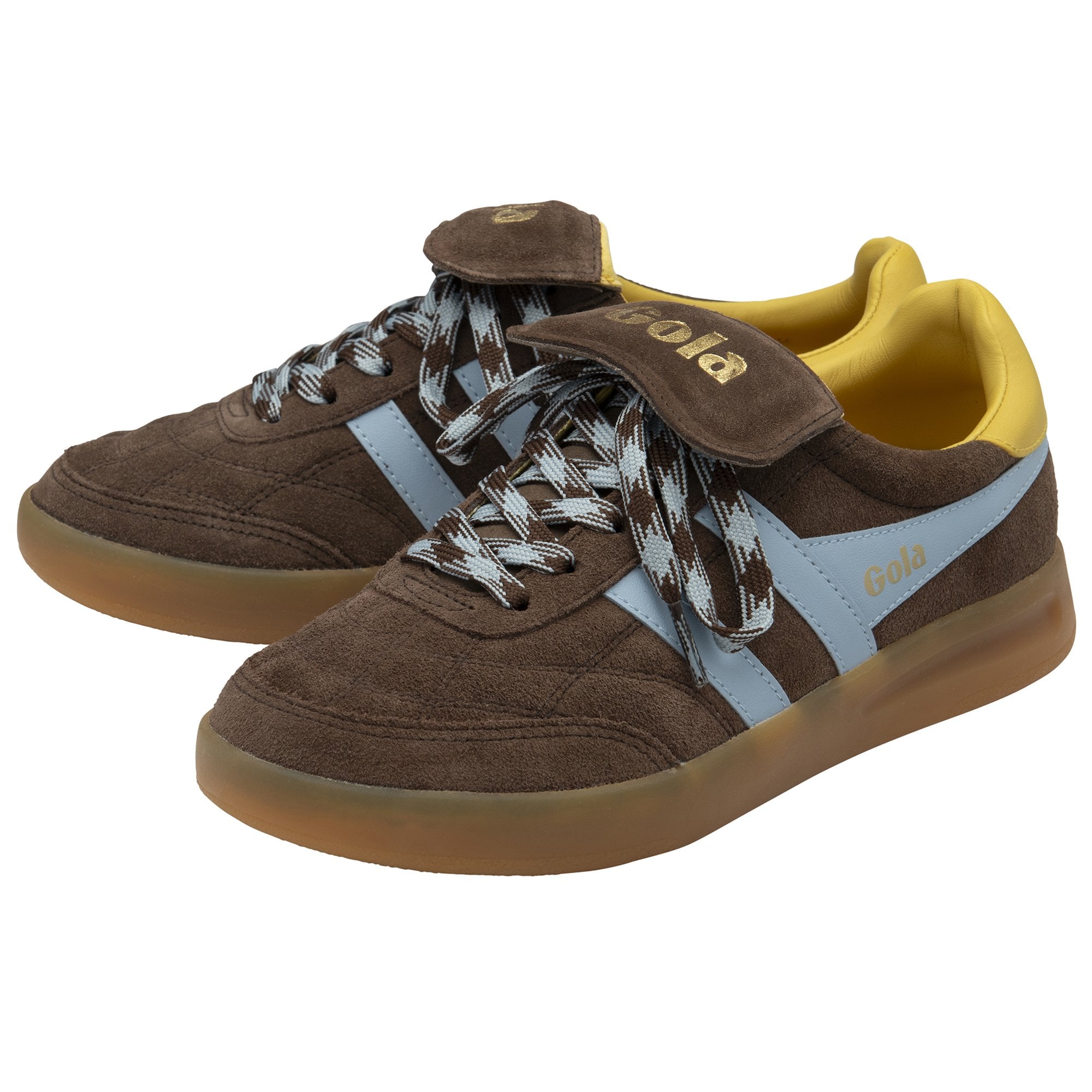 Pair of brown suede sneakers with light blue stripes and yellow accents.