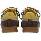 Rear view of a pair of brown sneakers with yellow heel accents and Gola logo.