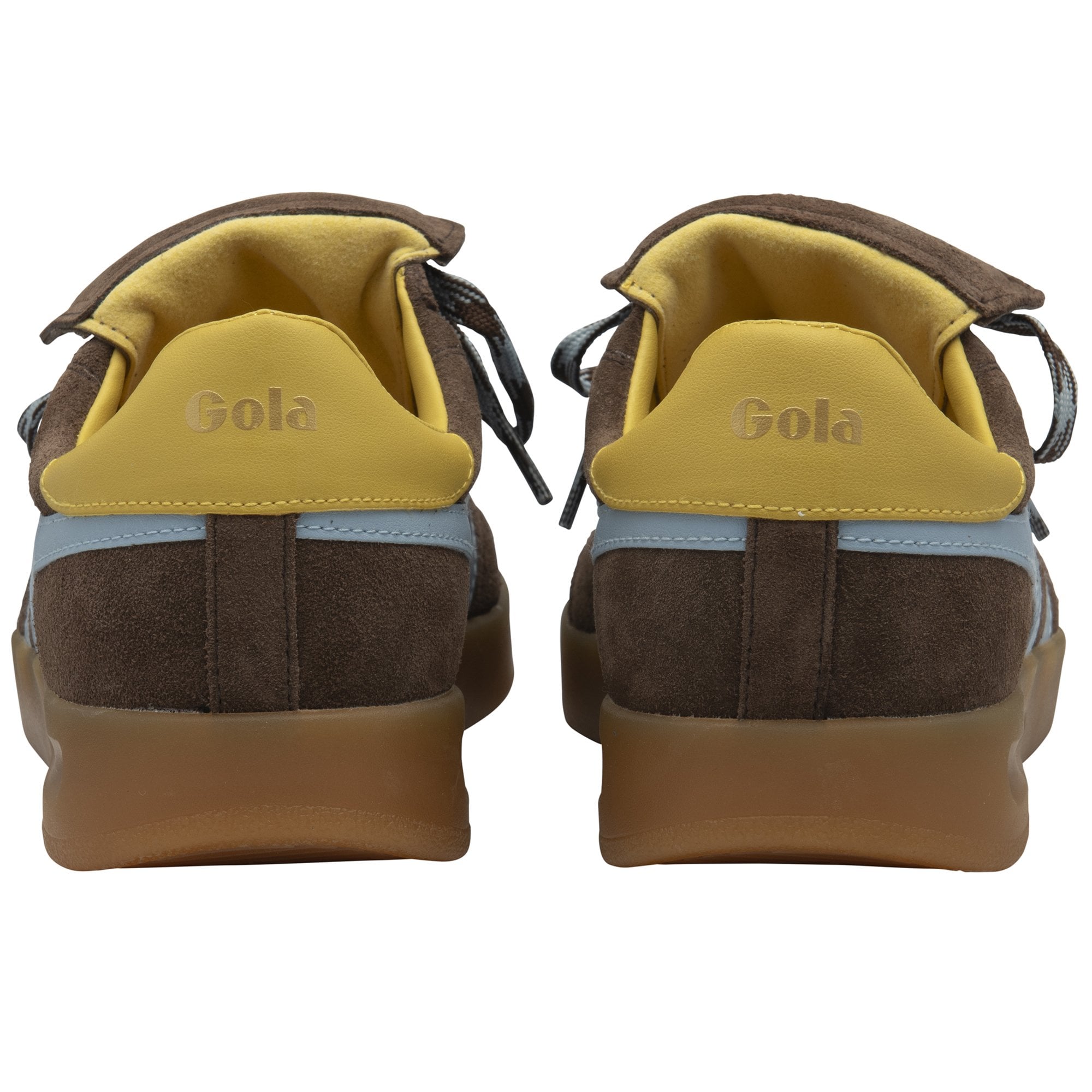 Rear view of a pair of brown sneakers with yellow heel accents and Gola logo.