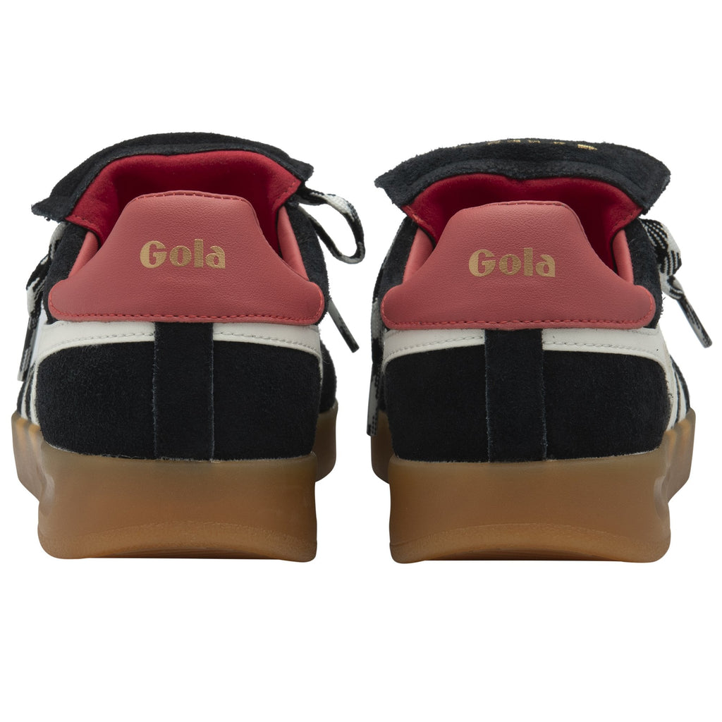 Rear view of a pair of black Gola trainers with red heel accents and gum soles.