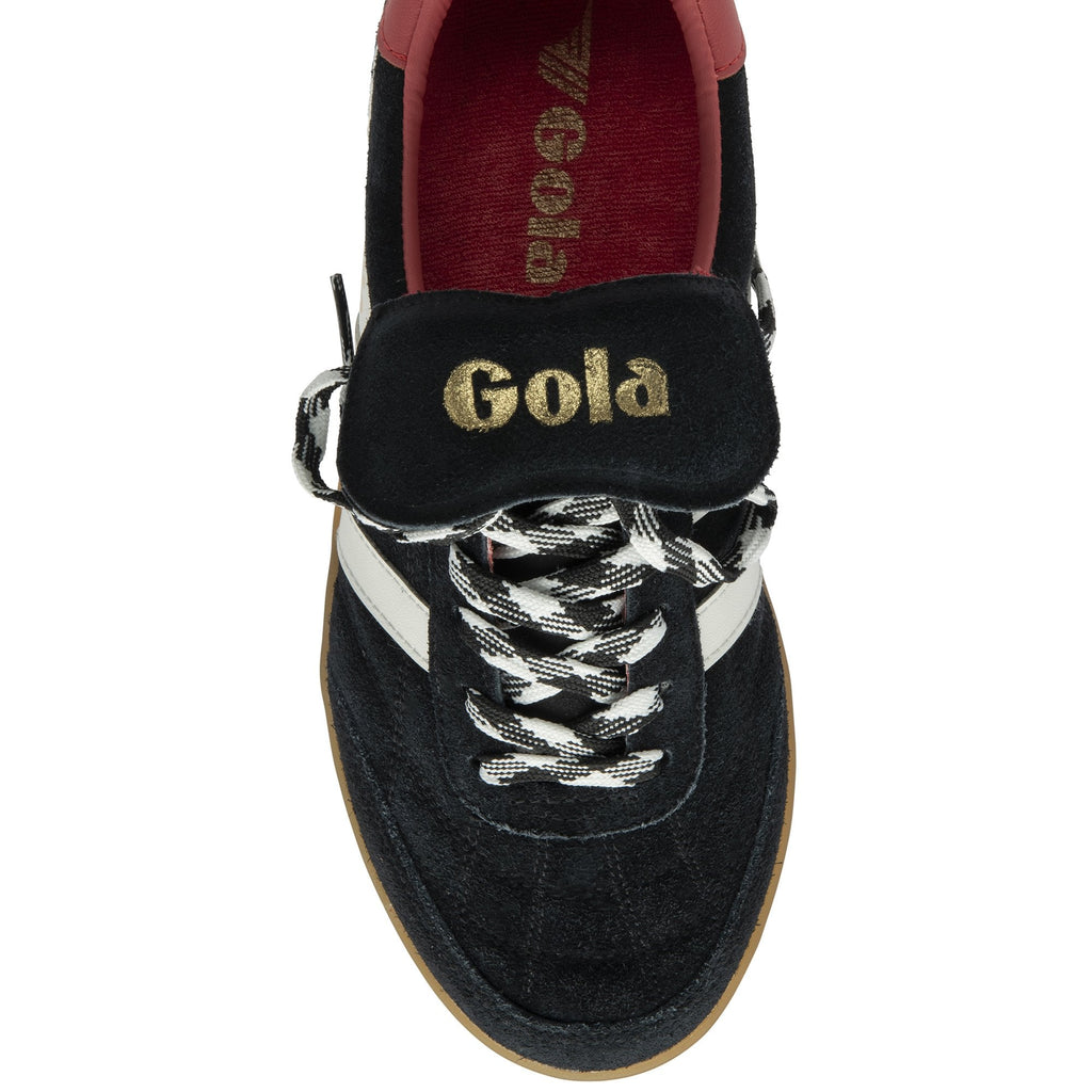 Top-down view of a black Gola trainer with white stripes and checkered laces.