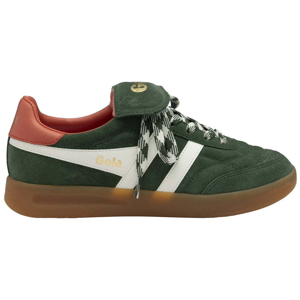 A single dark green suede sneaker with white stripes, patterned laces, and a red heel.