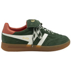 A single dark green suede sneaker with white stripes, patterned laces, and a red heel.