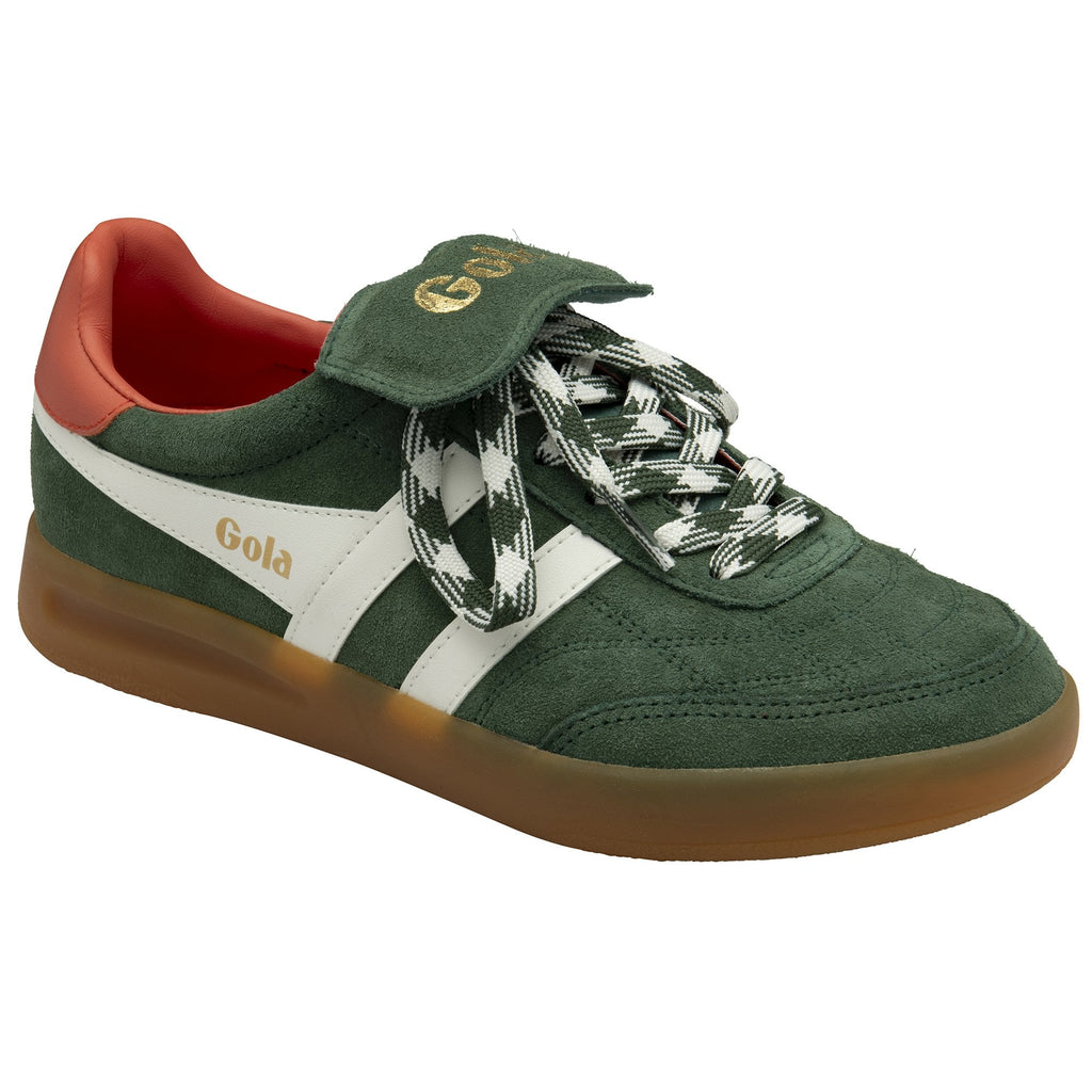 A single dark green suede sneaker with white stripes and patterned laces.