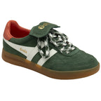 A single dark green suede sneaker with white stripes and patterned laces.