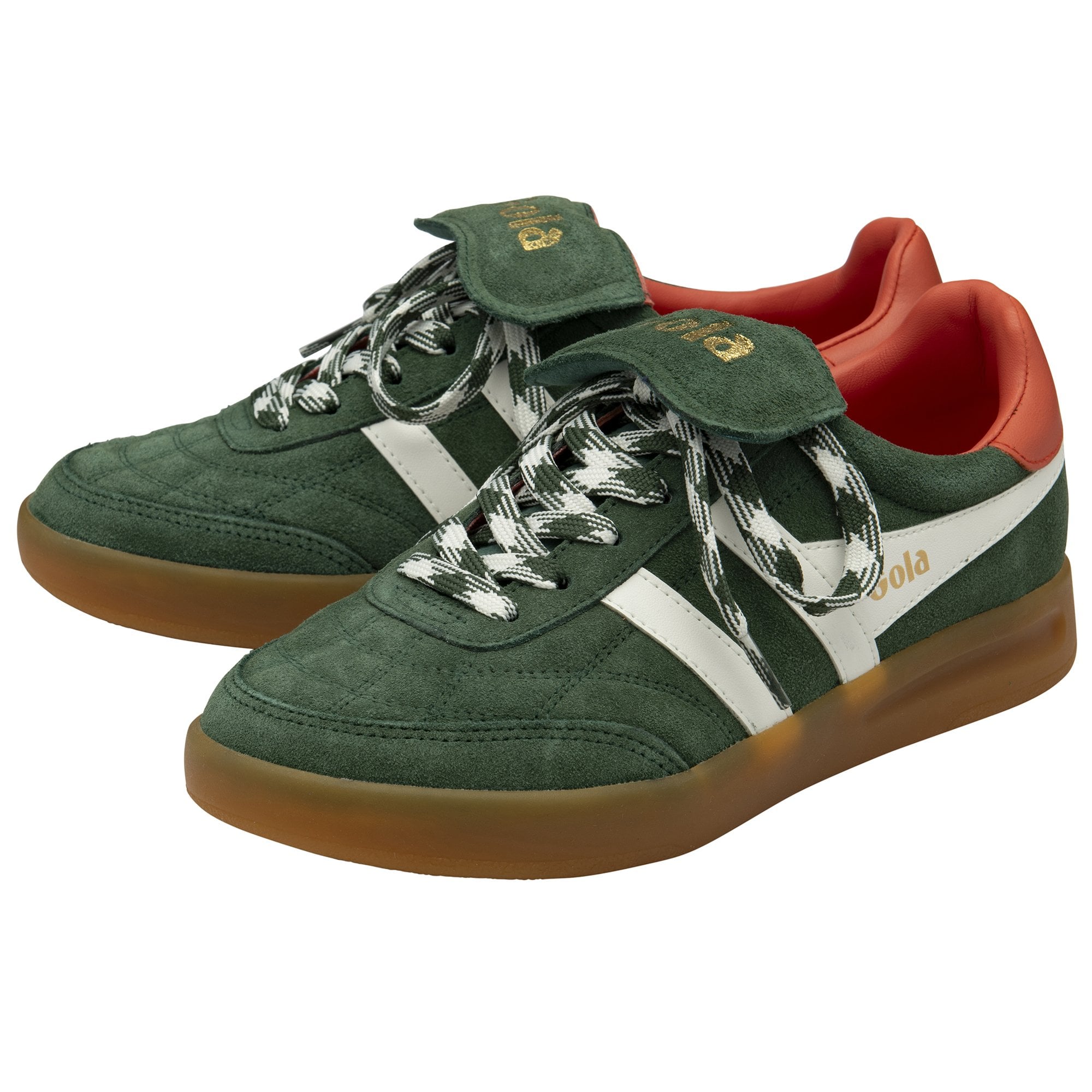 A pair of dark green suede sneakers with white stripes, patterned laces, and red heels.