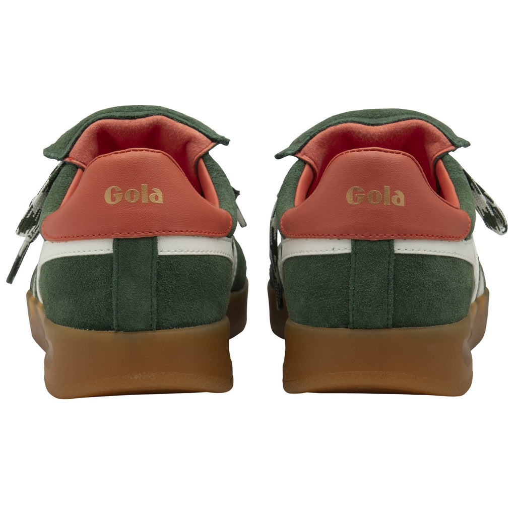 The back view of a pair of dark green suede sneakers with red heels.