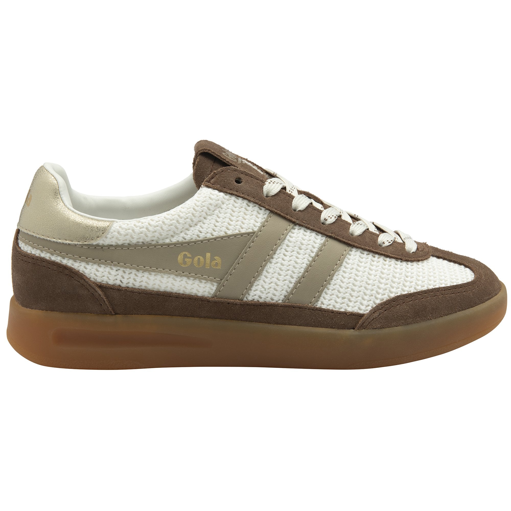 Side profile of a Gola men's sneaker in white and brown, showcasing classic styling.