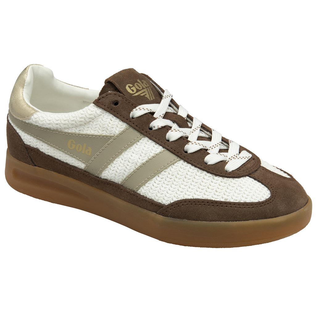 Angled view of a Gola men's sneaker in white and brown, highlighting texture.