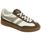 Angled view of a Gola men's sneaker in white and brown, highlighting texture.
