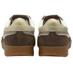 Rear view of two Gola men's sneakers in white and brown, displaying the heel details.